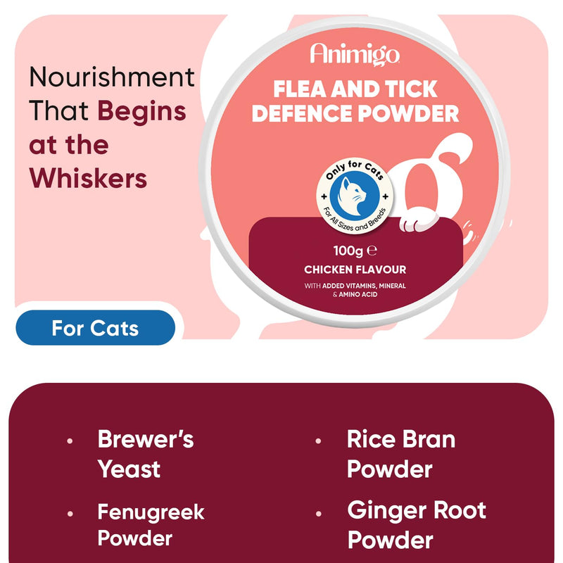 animigo Flea & Tick Powder for Cats - Works from Within - Delicious Chicken Flavour - Added Vitamins, Minerals & Amino Acid - Alternative to Cat Flea Tablets, Shampoo & Spray - Easy to Mix in Food