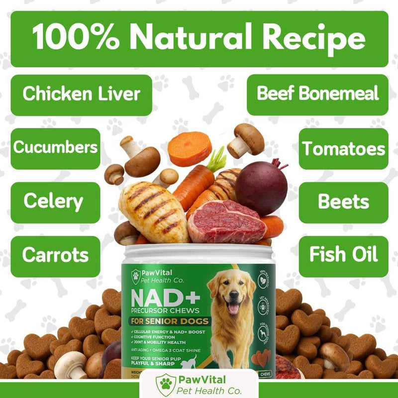 NAD+ Precursor Chews for Senior Dogs – Cellular Energy, Longevity & Cognitive Support – Nicotinamide Riboside, Resveratrol, Quercetin, Glucosamine, Omega-3 – Made with Real Chicken – 90 Count