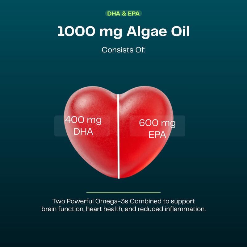 Vegetarian Heaven™ Omega-3, Algae Oil Gummies 1000mg, DHA+EPA, Vegan, Gelatin-Free, Gluten-Free, Vitamin D3+K2, 60 Count, Mixed Berry Flavor, Plant-Based Fish Oil Alternative