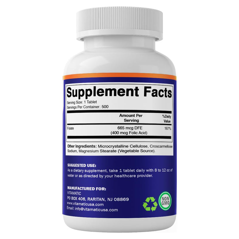 Vitamatic Folic Acid 400 mcg - 500 Vegetarian Tablets - Vitamin B9