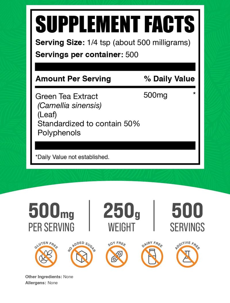 BulkSupplements.comgreen Tea Extract Powder - 50% Polyphenols Supplement, EGCG Supplements - Gluten Free, 500mg per Serving, 250g (8.8 oz) (Pack of 1) 8.81 Ounce (Pack of 1)