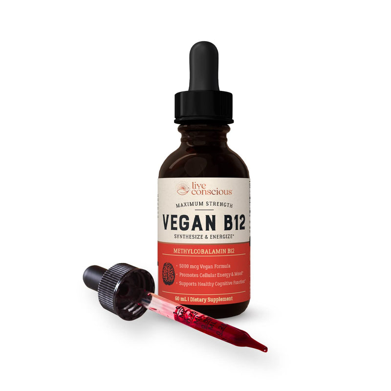 Live Conscious Vegan Vitamin B12 Sublingual Liquid Drops Methylcobalamin Max Strength B12 5000mcg Formula - Vegan B 12 Vitamin Support Energy, Promote Memory & Aid Immune System (2 Pack) 2 Fl Oz (Pack of 2)