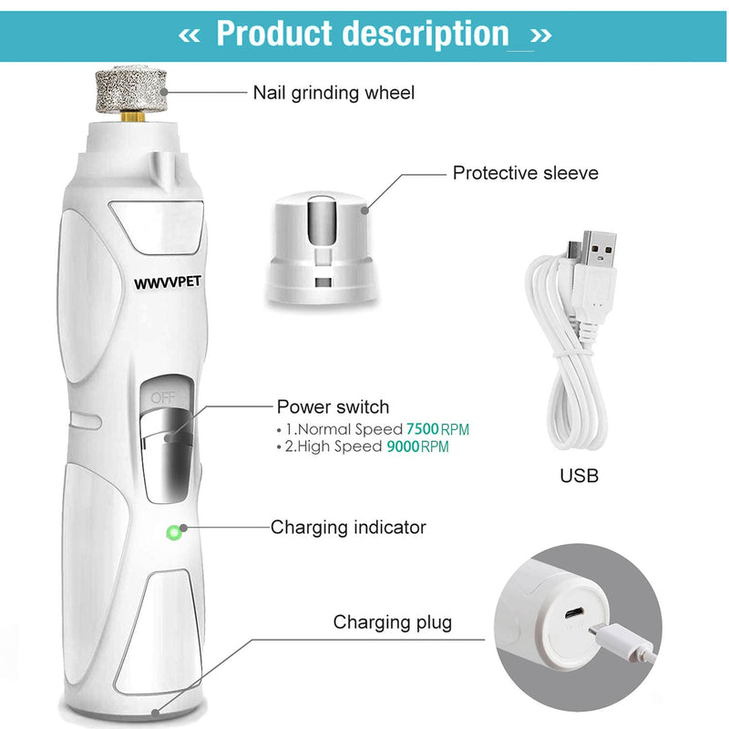 Pet Nail Grinder with LED Light & 2 Grinding Heads, 2-Speed Low Noise & More Powerful Dog Nail Grinder, Pet Nail Trimmer File, Painless Paw Claw Care, Quiet Toenail Grooming Tool for L/M/S Dogs/Cats White (with LED Light) - BeesActive Australia