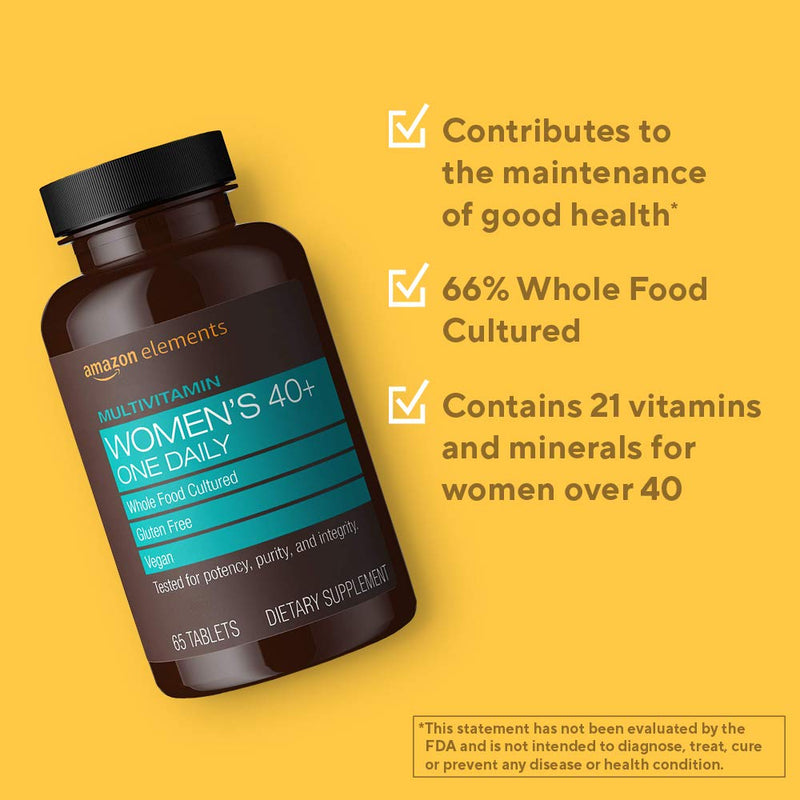 Amazon Elements Women‚ 40+ One Daily Multivitamin, 66% Whole Food Cultured, Vegan, 65 Tablets, 2 Month Supply (Packaging May Vary) (Pack of 2) 65 Count (Pack of 2)