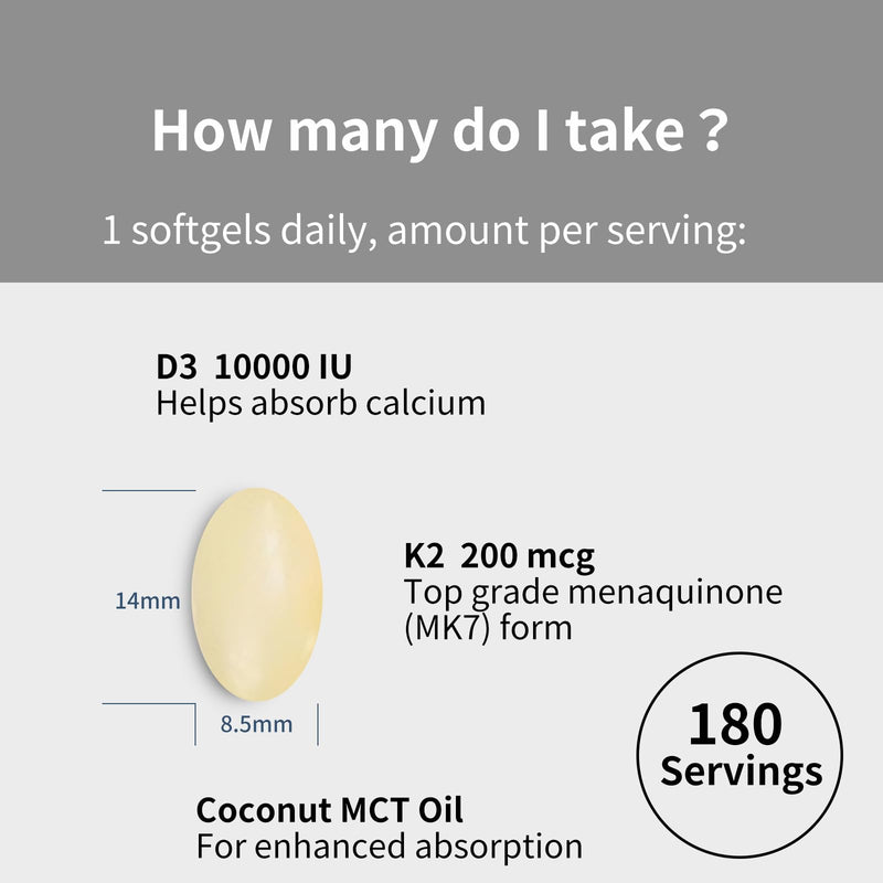 d3 k2 Vitamin 10000 iu, 180 Coconut Oil Softgels | 2 in 1 Vitamins Supplement D3 10000 IU & K2 (MK7) 200 mcg, Easy to Swallow, Supports Calcium Absorption, Bone Immune, & Heart Health 180softgels