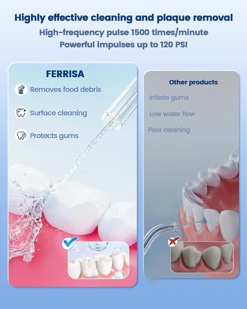 FERRISA Portable Cordless Water Flosser Rechargeable, Detachable Water Tank, Water Dental Flosser with 4 Refill Heads, 4 Modes & Ipx7 Waterproof, Travel Water Flosser for Braces, Teeth Care White