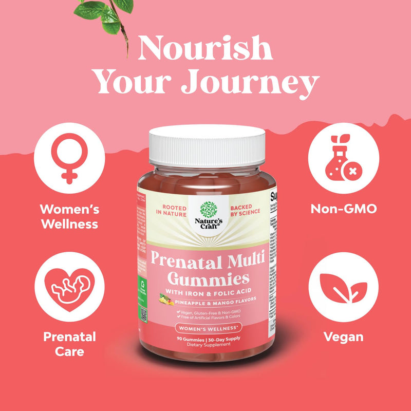 Natures Craft Vegan Prenatal Gummies for Women - Gummy Prenatal Vitamins for Women with Iron Folic Acid and Superfruit Blend - Chewable Vitamins Gummy Formula (Pineapple Mango) - 90 Count 90 Count (Pack of 1)