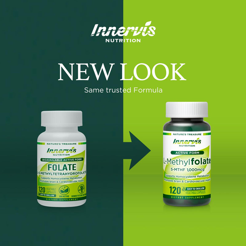 L-Methylfolate 1000mcg (120 Caps) Active Folate for Heart, Nerve Health & Homocysteine Support* - 5-MTHF Methylated Vitamin B9-1700 mcg DFE by Innervis Nutrition