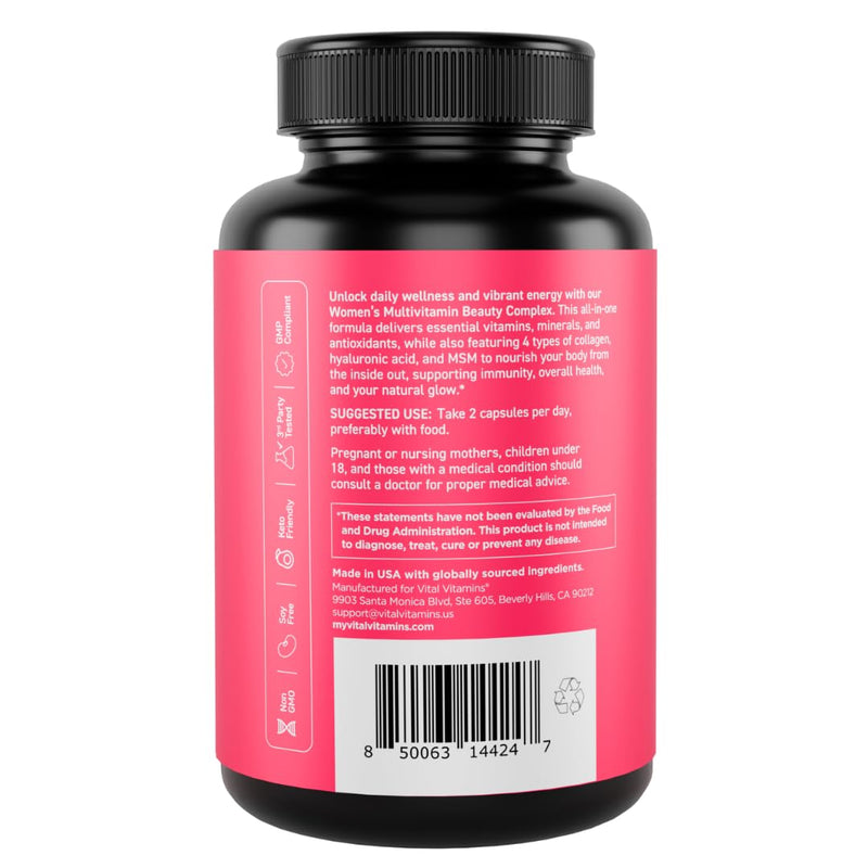 Vital Vitamins Women's Multivitamin Complex with Collagen & Hyaluronic Acid | 25 Vitamins and Minerals, Multi-Collagen Blend, Hyaluronic Acid & MSM for Hair, Skin & Nails, 60 Capsules
