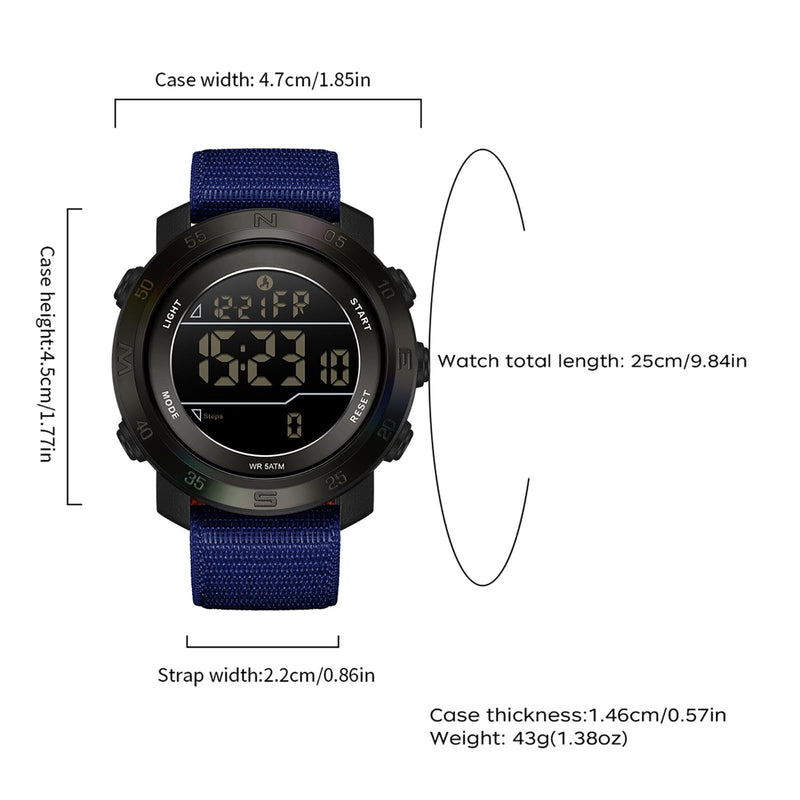findtime Step Counter Watch No Phone Needed Pedometer for Walking Mens Women's Digital Watches with Calories Distance Alarm Countdown Timer Nylon Strap Blue Black Blue