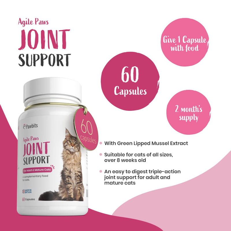 60 Pawbits Joint Support for Cats Tablets for Stiff & Mature Adult Cats Anti-Inflammatory Relief Supplements, Green Lipped Mussel, Glucosamine & Hyaluronic Acid Sprinkle Capsules (60) 60 Tablets