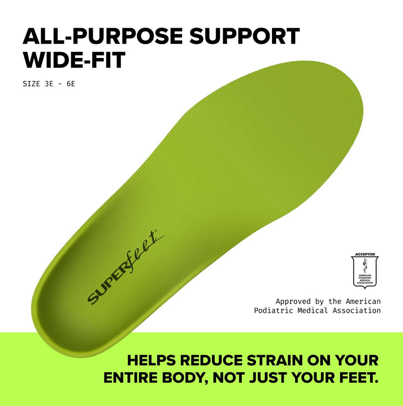 Superfeet All-Purpose Wide-Fit Support Insoles (WideGreen) for Wide Feet (3E-6E) & All-Day Workers Green 7.5-9 Men / 8.5-10 Women