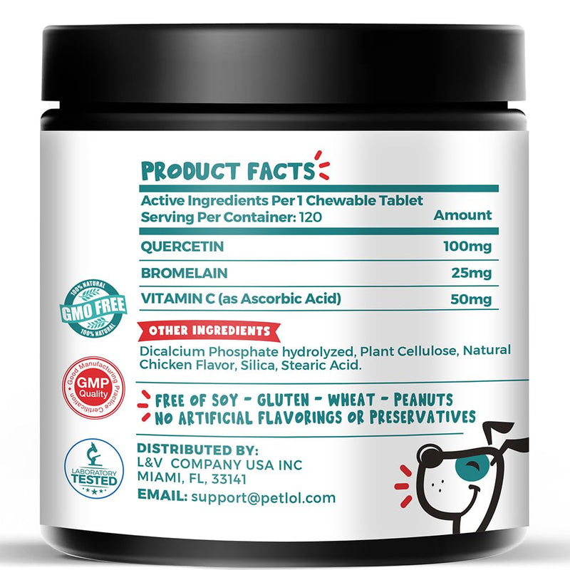 Quercetin for Dogs with Bromelain and Vitamin C | 3-in-1 Supplement for Dog Allergies, Immune Support, Itch Relief, Promote Inflammatory Relief & Antioxidant Activity | 120 Chewable Tablets - PawsPlanet Australia