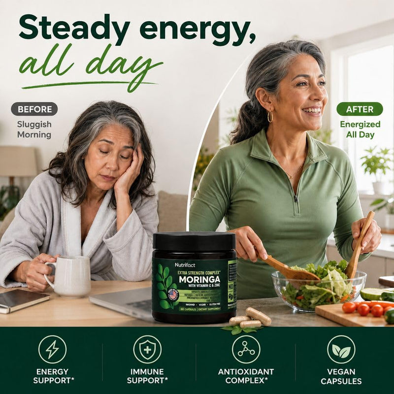 Moringa Capsules with Vitamin C, Zinc & L-Lysine – Immune Support, Vegan | Oleifera leaf extract with ginger for energy, antioxidant and digestion; non-GMO, made in USA; 60 count