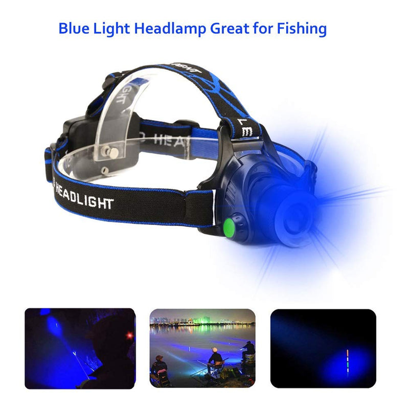 Blue LED Headlamp Flashlight Water Resistant Zoomable 3 Modes Blue Head Lamp for Fishing Hunting Outdoor Activities