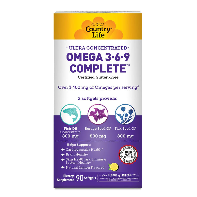 Country Life Omega 3-6-9 Complete, 1,534 mg per Serving, 90 Softgels | Fish, borage and flax seed oils provide EPA, DHA, GLA and ALA with natural lemon flavor; 45 servings