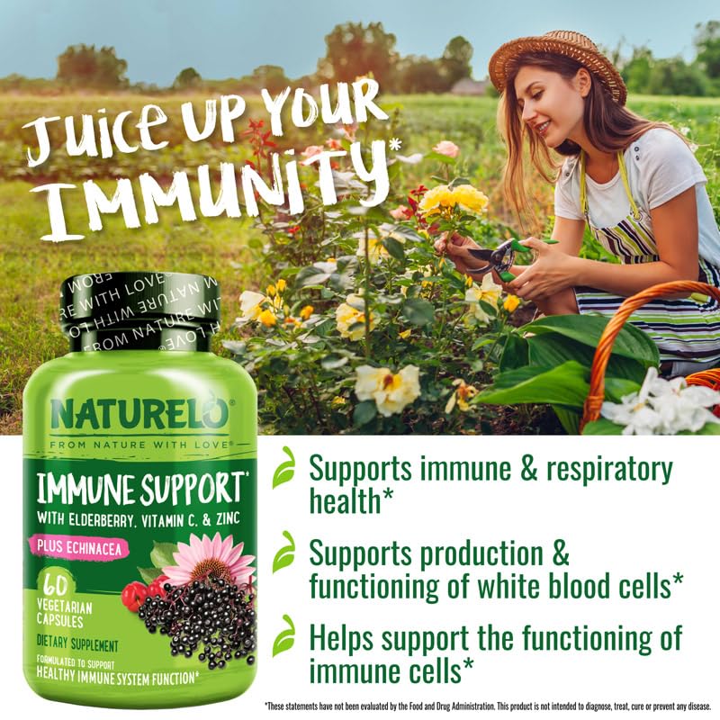 NATURELO Immune Support Supplement, Elderberry Vitamin C, 60 Vegan Capsules | Echinacea capsules with zinc, Immune Health, Natural Immunity Boost w/Antioxidant, Herbal & Mineral Defense