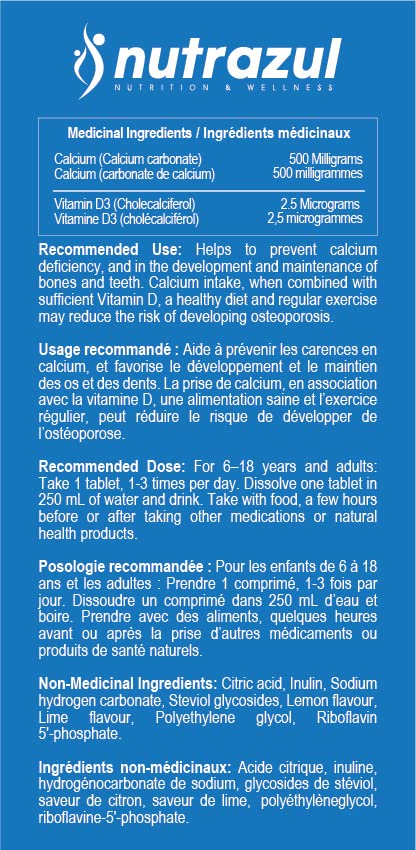 Nutrazul Calcium + Vitamin D3 Effervescent Tablets, for Bone Health Maintenance, 500 mg Calcium and 2.5 mcg Vitamin D3, Suitable Supplements for Women & Men, Lemon-Lime Flavor, 60 Tablets 20 Count (Pack of 3)