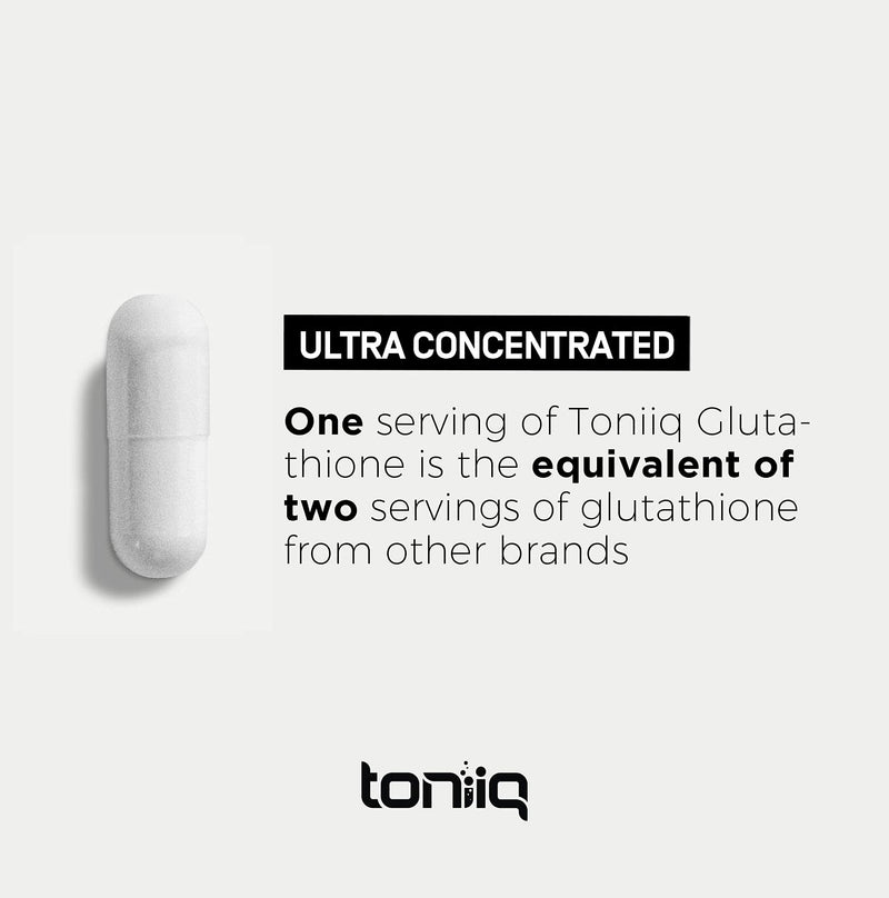 Toniiq Ultra High Strength Glutathione Capsules - 1000mg Concentrated Formula - 98%+ Highly Purified and Bioavailable - Non-GMO Fermentation - 60 Capsules Reduced Glutathione Supplement 60 Count (Pack of 1)