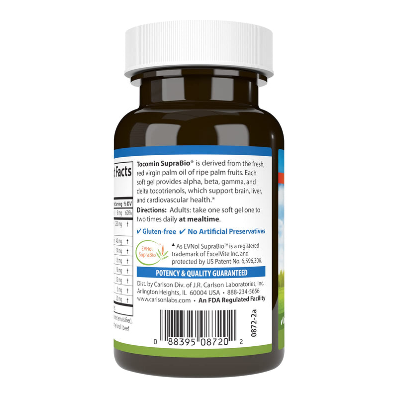 Carlson Tocomin SupraBio, Non-GMO Tocotrienols, Alpha, 120 Softgels | Full Spectrum Tocotrienol Complex; Beta; Gamma; Delta