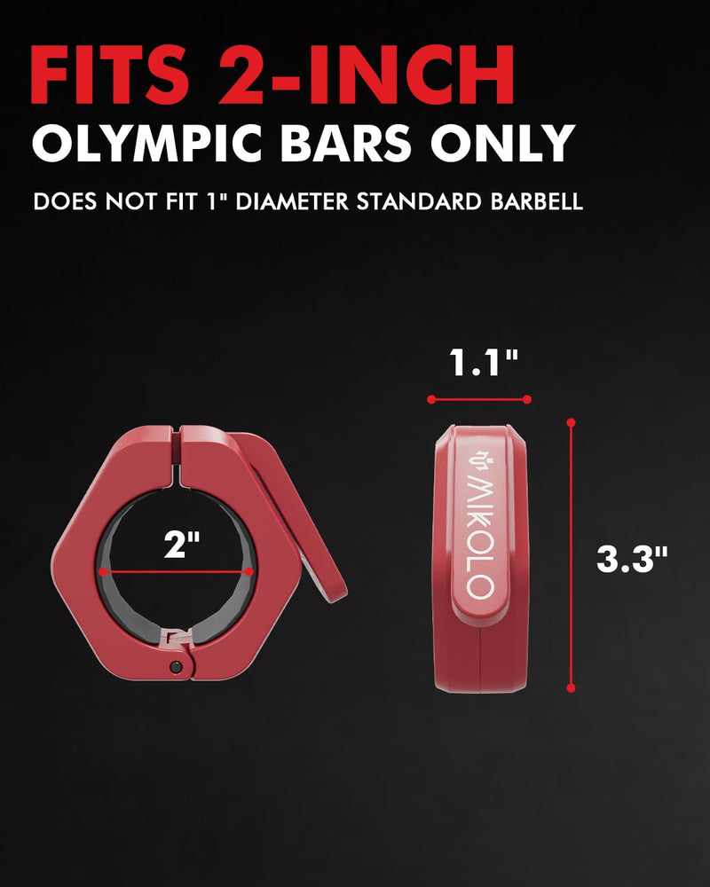 Mikolo Barbell Clamps,2-Inch Olympic Barbell Clips with Anti-Slip TPR Lining and Quick Release for Home and Gym Use Red Magnetic
