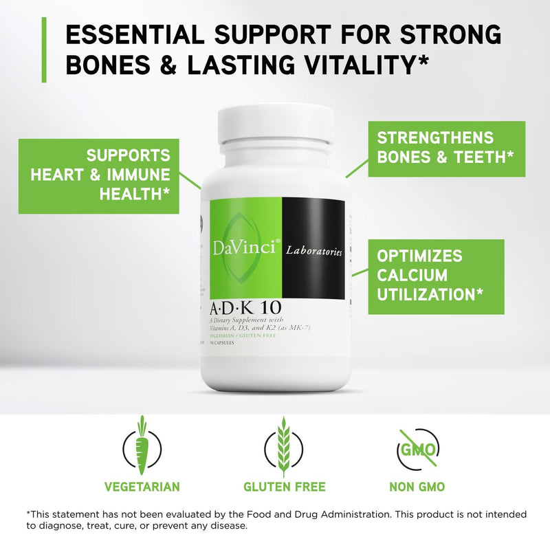 DAVINCI Labs ADK 10 - Helps Support Bone, Heart & Immune Health - Dietary Supplement with Vitamins A, D3 & K2 (as MK-7) - Vegetarian, Gluten Free & Soy Free - 90 Capsules