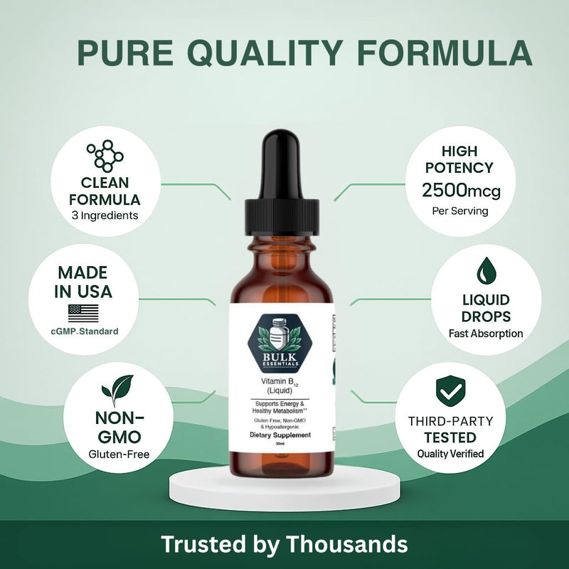 Pure Vitamin B12 Liquid Drops, 2500mcg Methylcobalamin, 30ml | Supports Energy, Nerve Support & Metabolic Health, for Women & Men, Non-GMO & Gluten-Free, USA Made