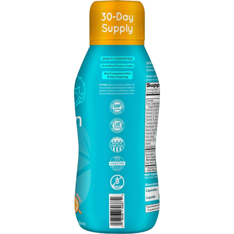 Sugar Free Liquid Multivitamin for Kids - High Absorption Kids Liquid Multivitamin with Vitamins A C D E & B Complex Plus Quercetin Immune Support Complex - 3rd Party Tested - Orange Flavor (1 Month)