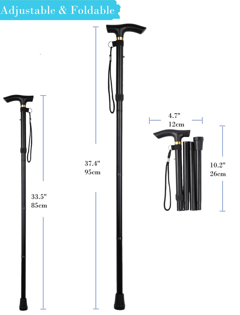 Folding Lightweight Walking Stick - Adjustable Aluminum Metal Collapsible Travel Cane with Non-Slip Rubber Base Black