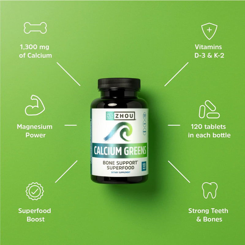 Zhou Calcium Greens - Calcium Supplements for Women & Men - 120 Tablets | Bone Strength Support Supplement with Vitamin D3, Bone Support with Algae & Vitamin K2 & D, Plant Based