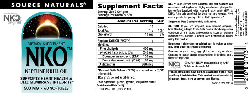 Source Naturals NKO Neptune Krill Oil, Supports Heart Health & Cell Membrane Integrity* 500 Mg - 60 Softgels 60 Count (Pack of 1) - BeesActive Australia