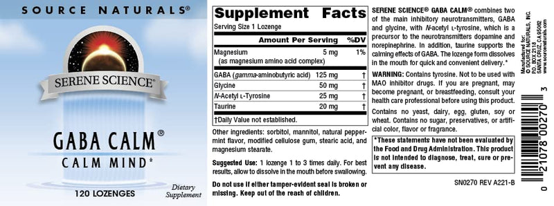 Source Naturals Serene Science GABA Calm - 120 Lozenges | Supports A Calming Mood | Quick Dissolving Peppermint Flavor* 1 120 Count (Pack of 1)