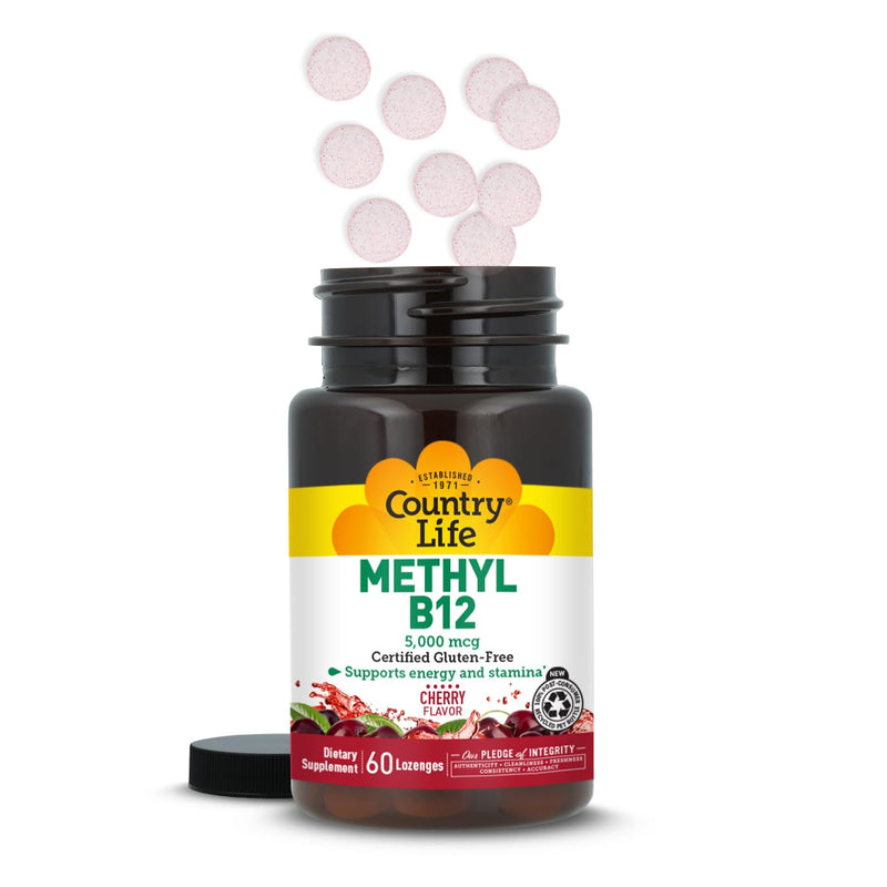 Country Life Methyl B12 5000mcg Lozenges, Vegan Energy Supplement 60 Count | Cherry lozenge for daily energy and stamina support. Certified vegan, gluten-free, kosher, and non-GMO verified 60 Count (Pack of 1)