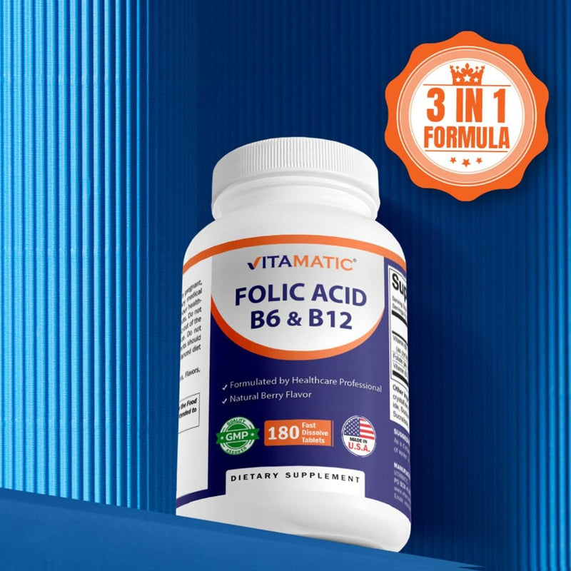 Vitamatic Folic Acid, Vitamin B12 & B6 – 180 Fast Dissolve Tablets Heart Health, Energy Production & Red Blood Cell Support 180 Count (Pack of 1)