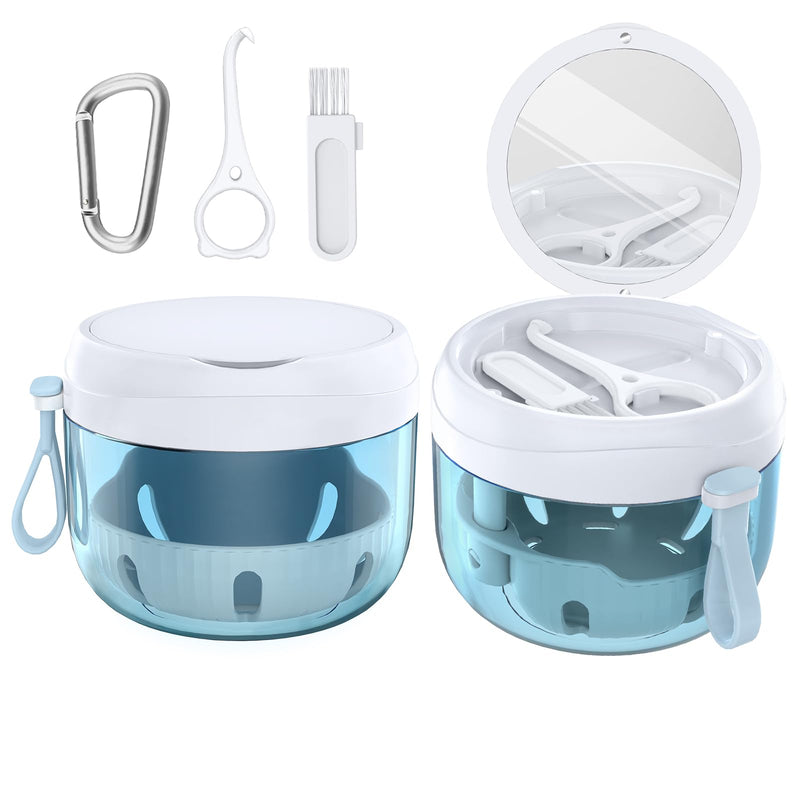 Denture Bath Box Cup, Leak Proof Denture Cup Kit Portable Retainer Case for Travel, Denture Case Cleaning Care for Dentures Aligner Mouth Guard with Denture Brush,Strainer, Removal Tool and Mirror White