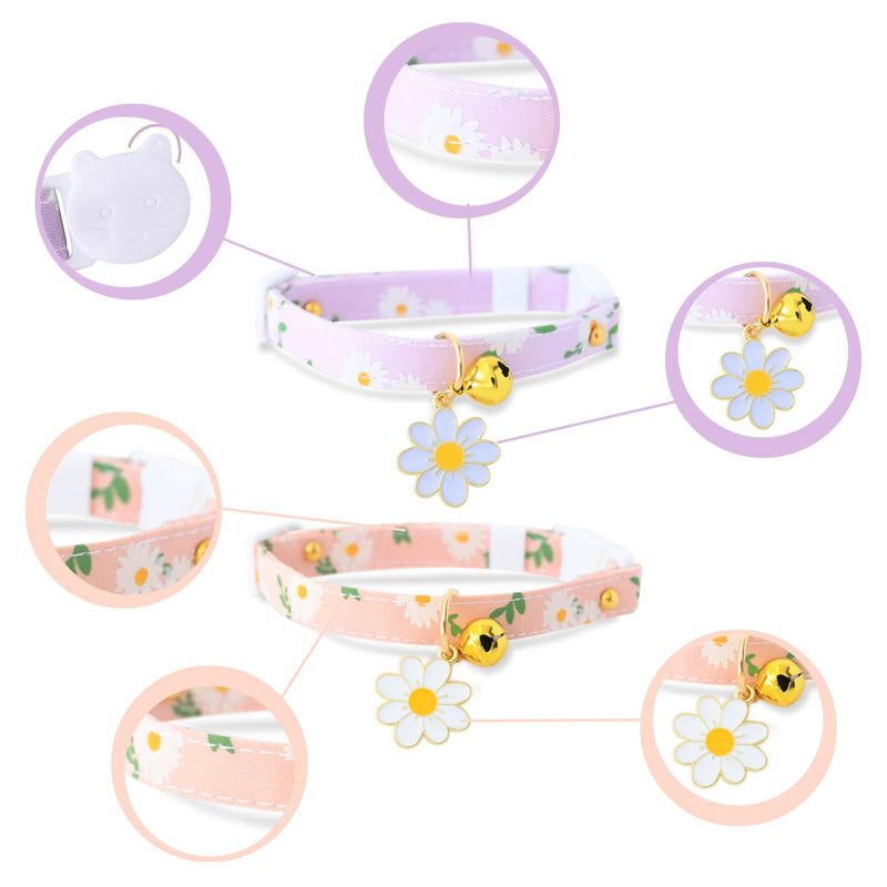 XIXKOLYU® 2 Pack Tear-Away Cotton Cat Collar with Bell, Pink and Purple Flower Pendant, Cute Cat Collar, Kitten Collar, Ideal for Cats Pink+Purple - BeesActive Australia