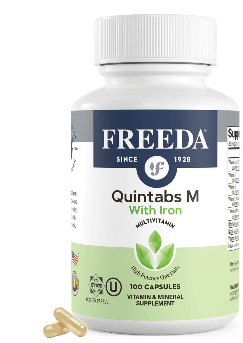 FREEDA Multivitamin – Quintabs-M with Iron – Kosher Multi Vitamins Supplements for Women Health - Multivitamins for Women & Iron-Deficient Men Adult Vitamins Multivitamin (100) | Kosher Multivitamin with Iron Formulated for Women & Men - Supporting Dai...