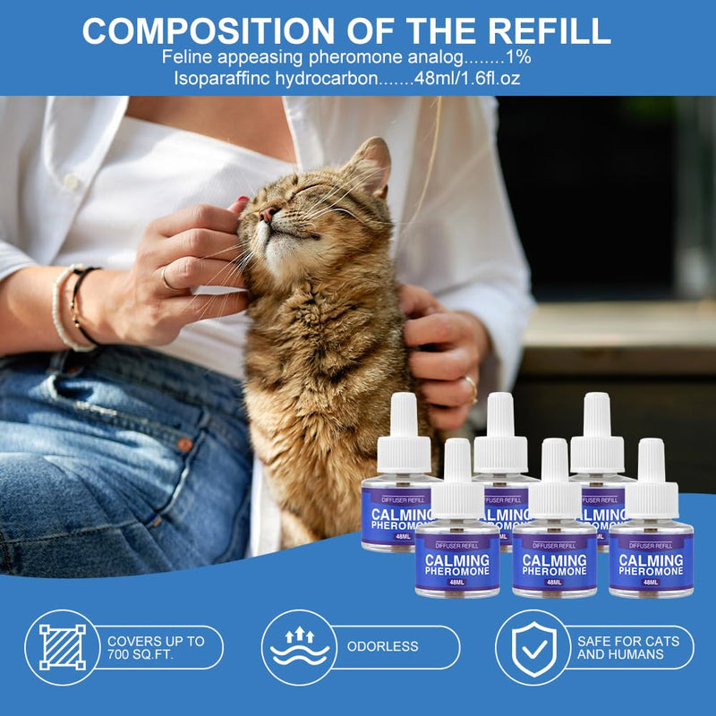 Aomig Pheromone Diffuser Refill for Cats Multi-Cat Household Refill, Cat Calming Plug in Diffuser Refill, Plug In Anxiety Relief Pheromone Diffuser for Cats, Cat Calming Product Calming Pheromone Kit 6PCS-Refill