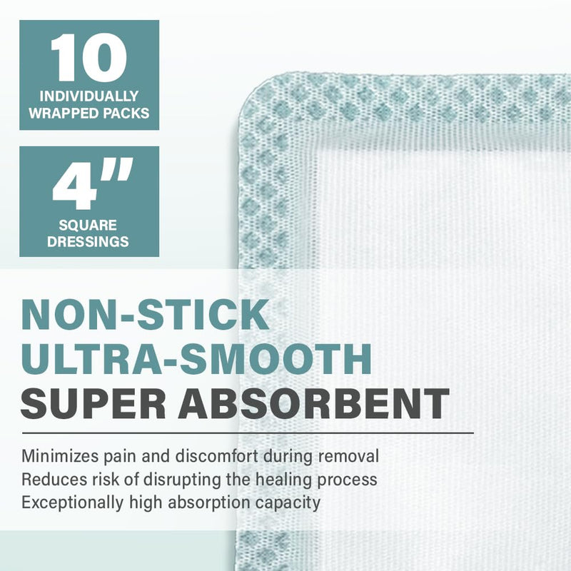 EVERLIT Super Absorbent Dressing for Wound Care | Nonstick Soft Surgical Gauze Pad for Heavily Exuding Wounds | Large Sterile Non-Adhesive Bandage for Fast Healing Wound Care | Pack of 10 (4" x 4") 4" x 4"