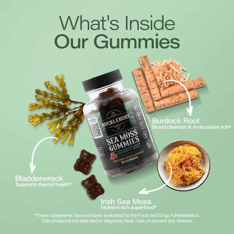 BUCKLEBURY Wild Crafted Irish Sea Moss Gummies with Bladderwrack & Burdock Root - Natural Chewable Multivitamin Vegan Sea Moss Gummies for Immune, Thyroid & Digestive Support - 60 Count