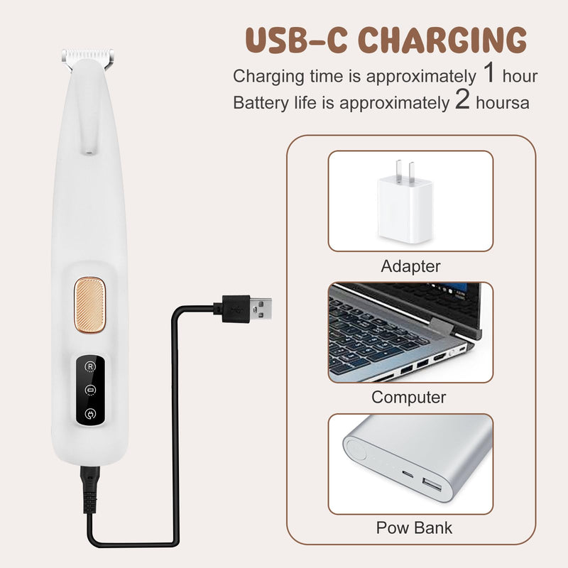 VicBou Dog Clipper, Portable Dog Clipper with LED Light, USB Rechargeable Paw Trimmer, Waterproof Pet Razor for Dogs, Cats, Paws, Eyes, Ears, Face, Body White - BeesActive Australia