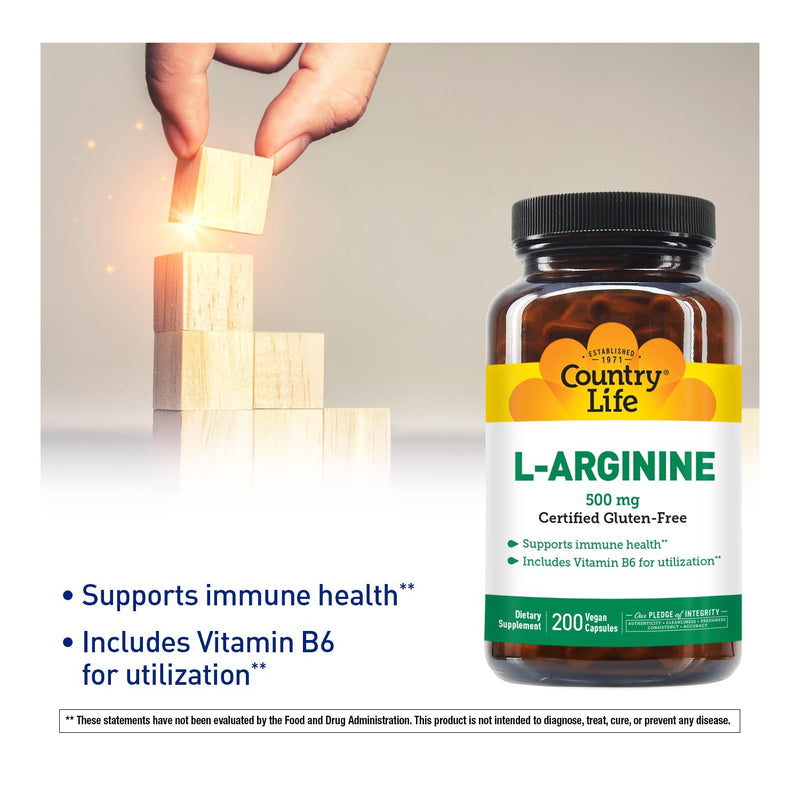 Country Life L-Arginine 500 mg with Vitamin B6, 200 Vegan Capsules | Supports immune health with free-form L-arginine; Certified Gluten-Free, Vegan and Kosher 200 Count (Pack of 1)