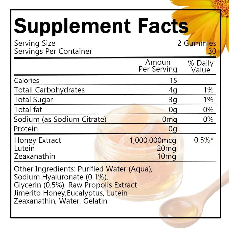 Jimerito Honey Lutein Gummies,Lutein & Zeaxanthin Supplements，20mg Gummies-30-day Supply (1pc) 1pc