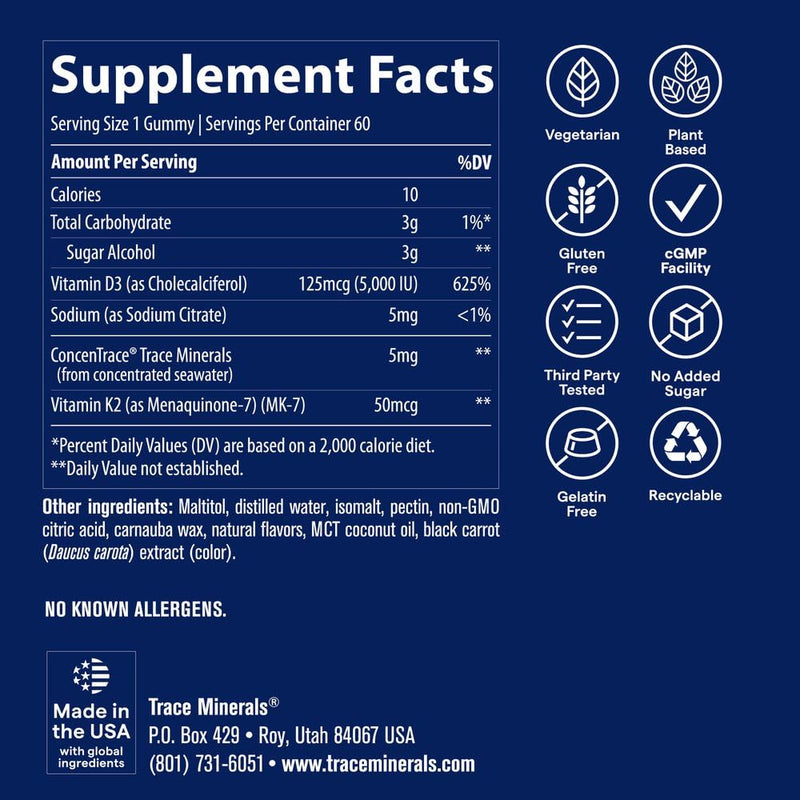 Trace Minerals Vitamin D3 + K2 Gummies, 60 Servings, Strawberry | Plant-based chewable, Bone and heart support, Calcium absorption aid, 1 gummy up to 3 times daily, Ionic trace minerals