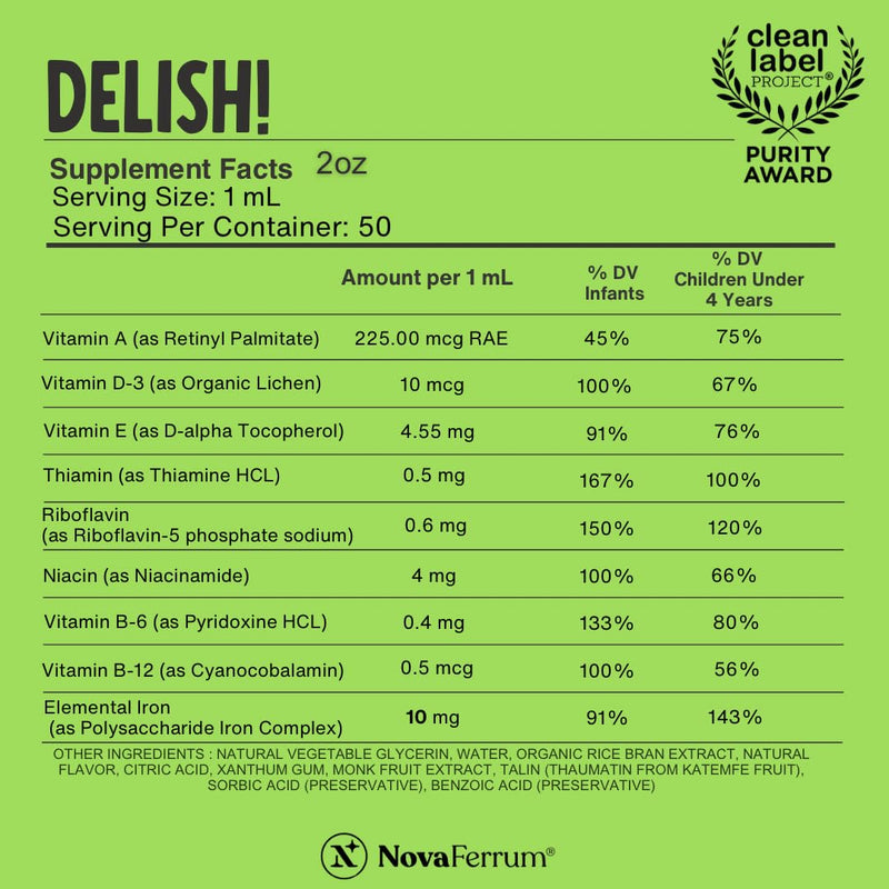 NovaFerrum Delish | Vegan Multivitamin with Iron for Infants, Toddlers & Kids | Immune Support | Organic Plant-Based D-3 | Gluten Free | Vegan Verified | Sugar Free | 1.69 Fl Oz (50 mL) (Pack of 2) Raspberry Grape 1.67 Fl Oz (Pack of 2)