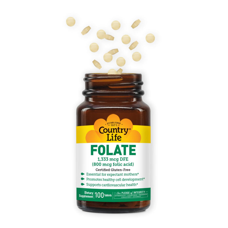 Country Life Folate 800 mcg Folic Acid, 100 Tablets | Supports healthy cell development and cardiovascular health; certified gluten-free, vegan, kosher and halal