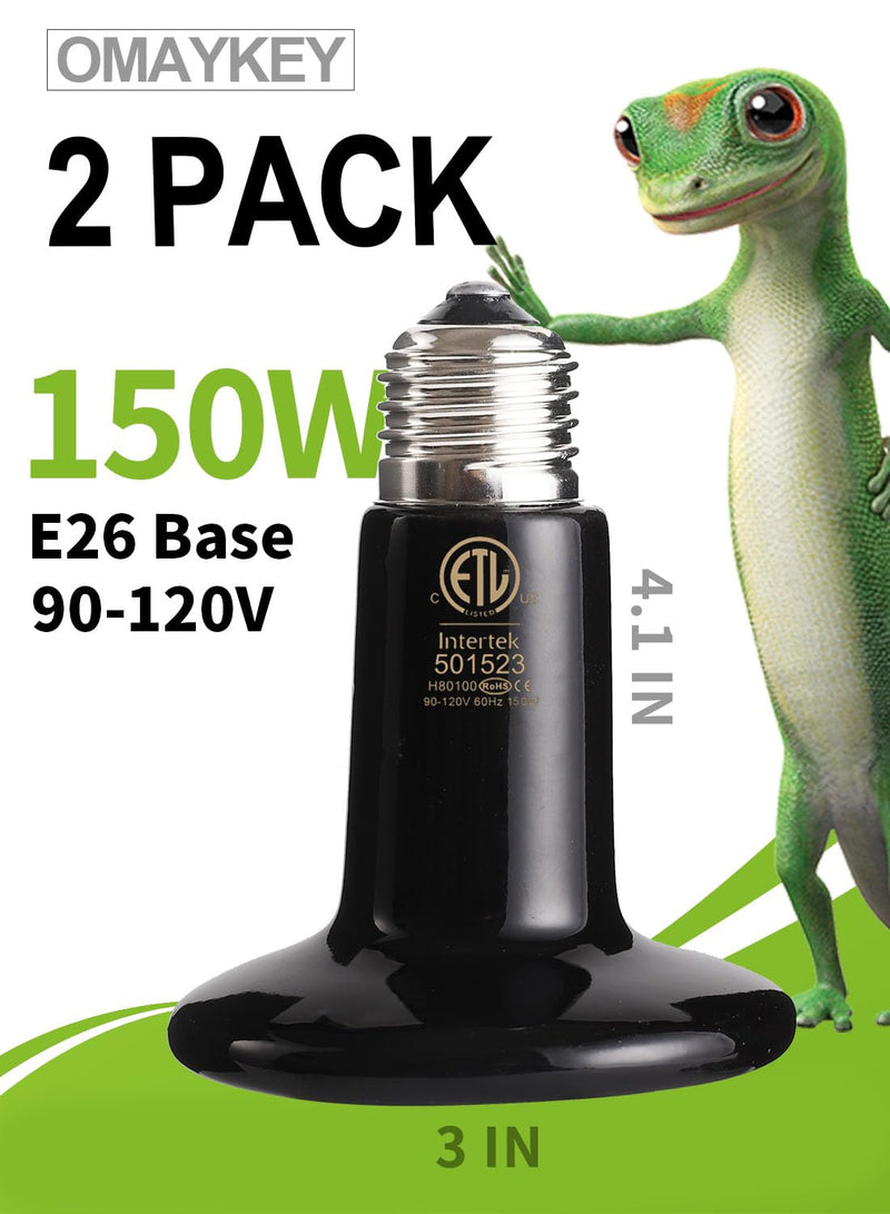 OMAYKEY 2-Pack 150W Ceramic Heat Lamp with 1-pcs Digital-Thermometer, Infrared Heat Emitter Bulbs for Reptiles, Amphibians, Chicken Brooder Coop Lizard Turtle Snake Aquarium, No Light No Harm 150.0 Watts