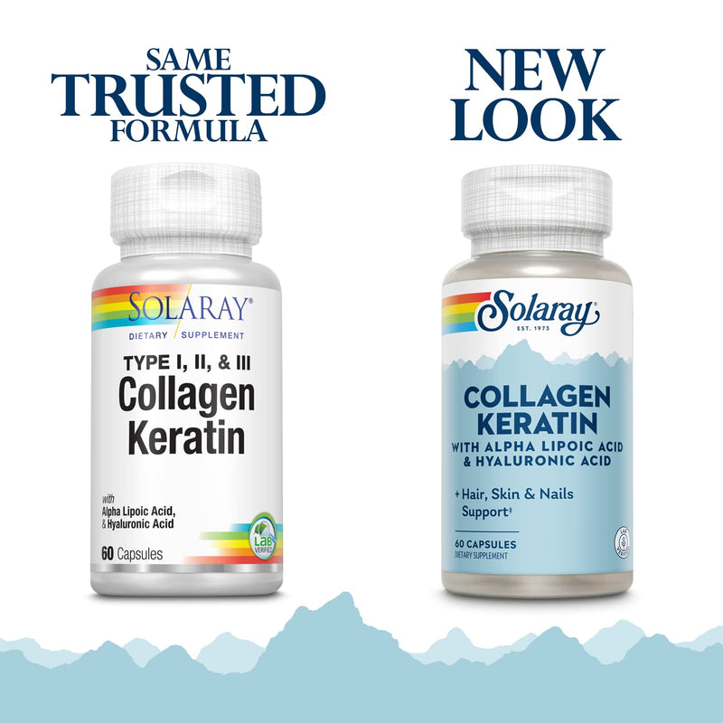 SOLARAY Collagen Keratin with Alpha Lipoic Acid & Hyaluronic Acid, 60 Caps | Hair, Skin, Nail & Joint Support, Types I, II & III Collagen with Keratin, 30 Servings, Lab Verified