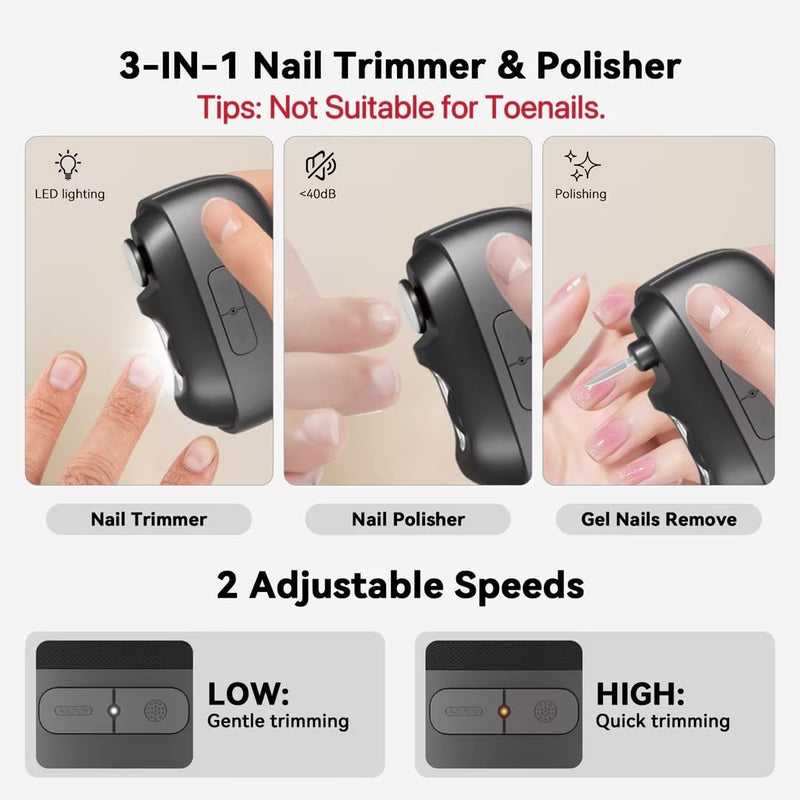 Electric Nail Clipper Fingernail Trimmer: 3-in-1 Automatic Nail Polisher with LED Light, Clip Storage, 2-Speed, Rechargeable Smart Nails Cutter Easy to Use for Seniors, Baby, Adult, Black Dark Gray