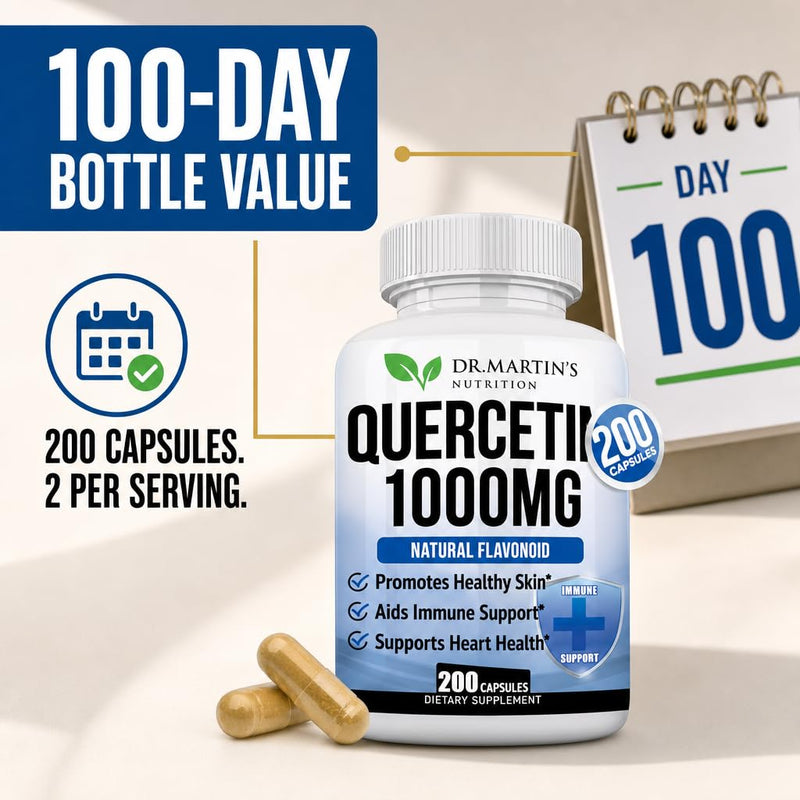 Quercetin 1000mg - 200 Capsules, Immune Support & Antioxidant Supplement | Seasonal Sinus & Respiratory Relief, Cardiovascular Health, No Bromelain, Immune Support, 100-Day Supply for Men & Women 200 Count (Pack of 1)